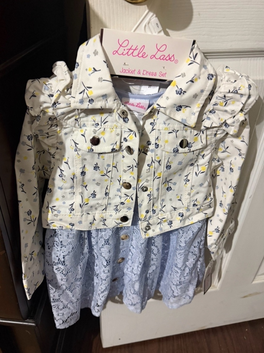 Little Lass White Denim Jacket with Navy & Yellow Floral Print